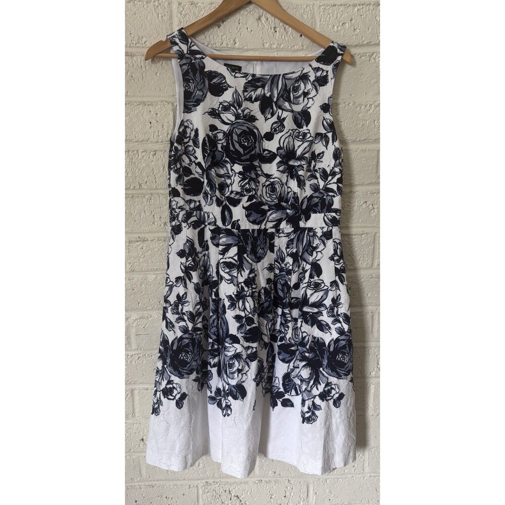 Talbots Dress Women's Sz 12/ L Navy Blue White Sleeveless Floral Roses